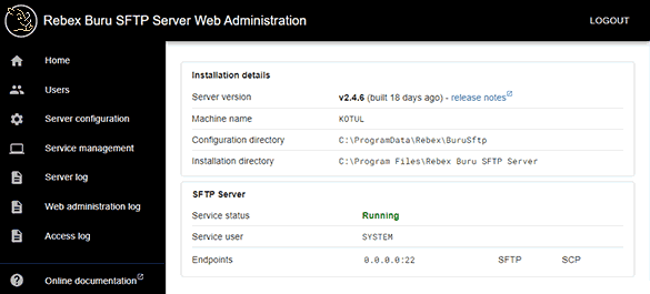 screenshot of Rebex Buru SFTP Server